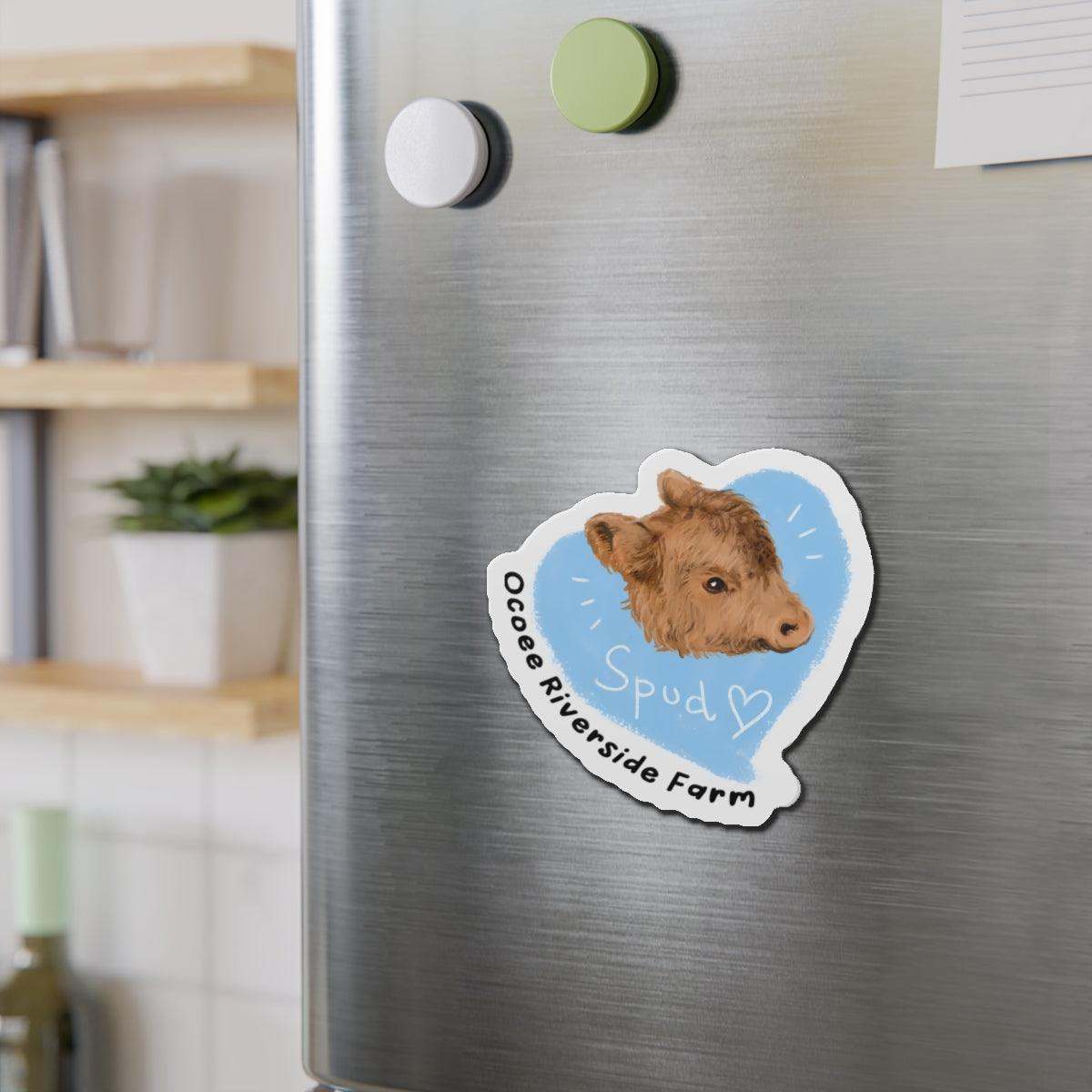 Farm Animal Decor Magnet with charming cow illustration on a refrigerator door, featuring a matte finish and vibrant colors.