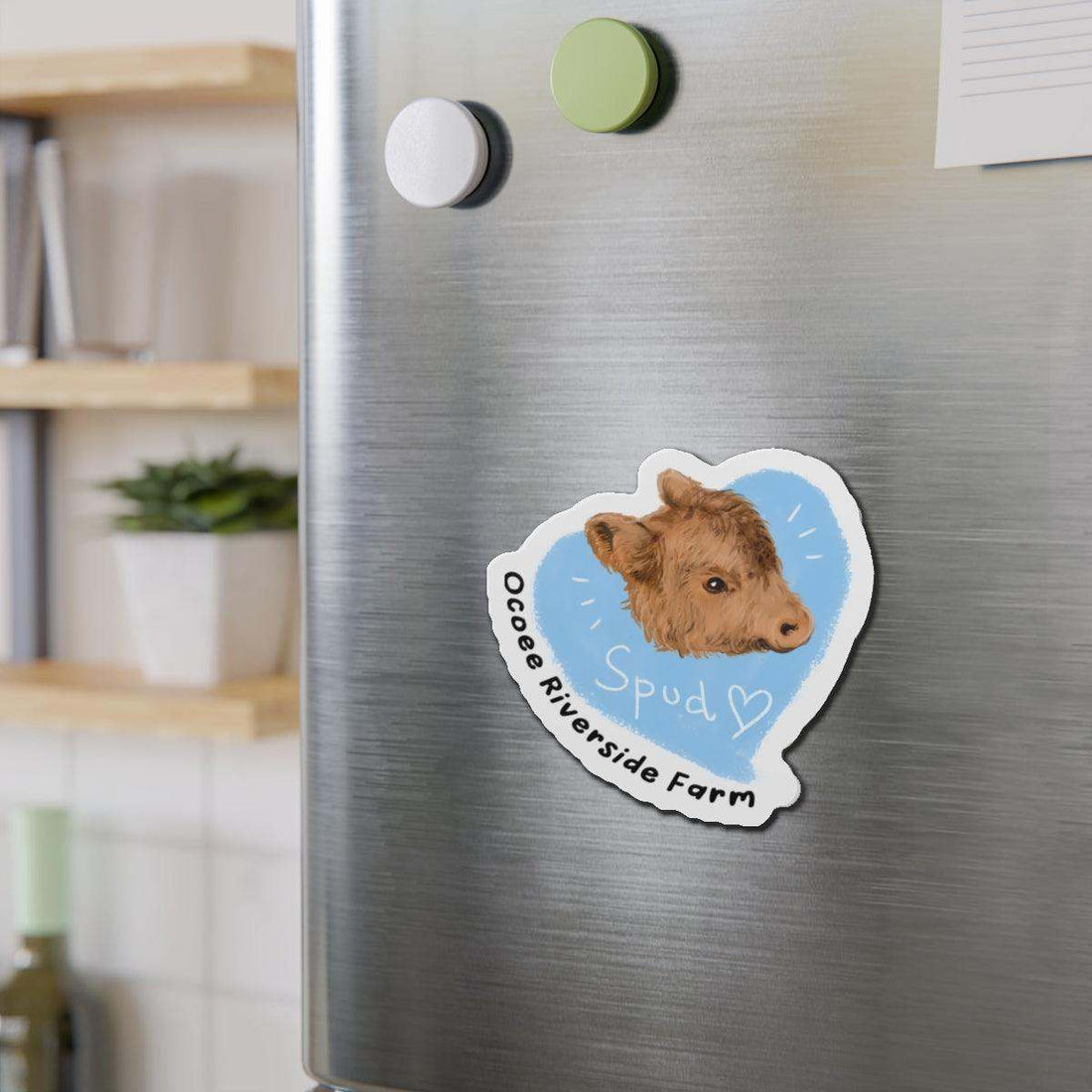 Farm Animal Decor Magnet with charming cow illustration on a refrigerator door, featuring a matte finish and vibrant colors.