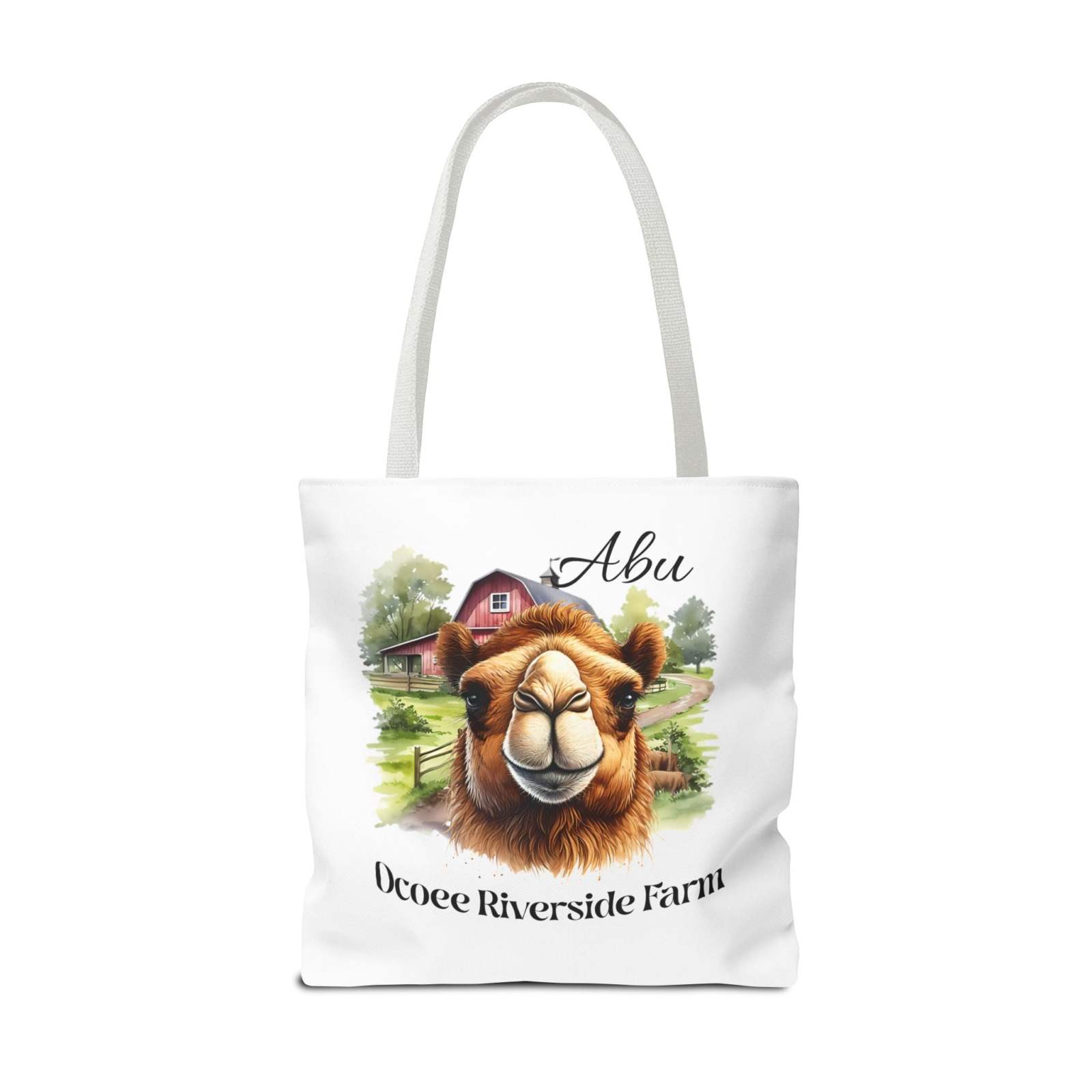 Abu Camel Tote Bag featuring farm animal art and Ocoee Riverside Farm design, eco-friendly durable shopping bag with reinforced handles and boxed corners.