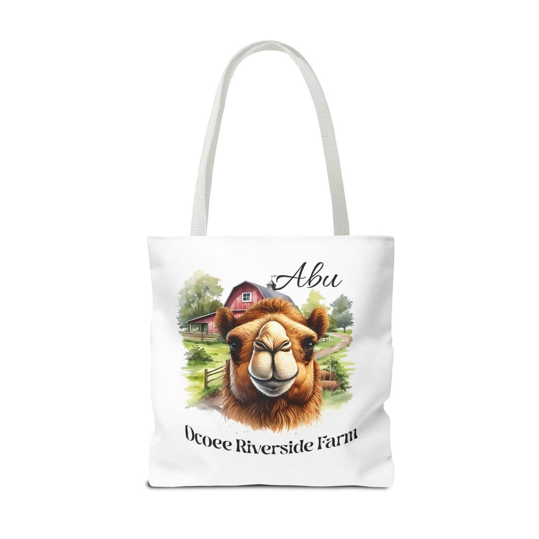 Abu Camel Tote Bag featuring farm animal art and Ocoee Riverside Farm design, eco-friendly durable shopping bag with reinforced handles and boxed corners.
