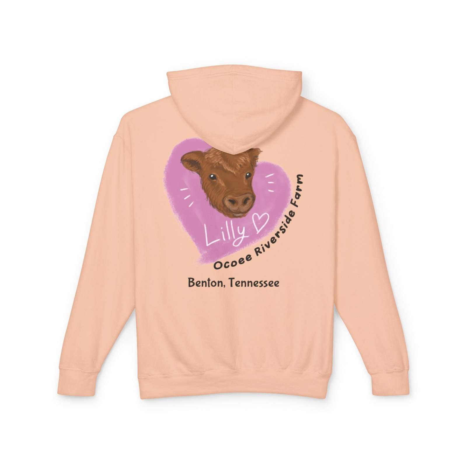 Unisex lightweight peach hoodie with cute cow graphic and "Lilly" text, made from soft cotton, perfect for casual wear and farm lovers
