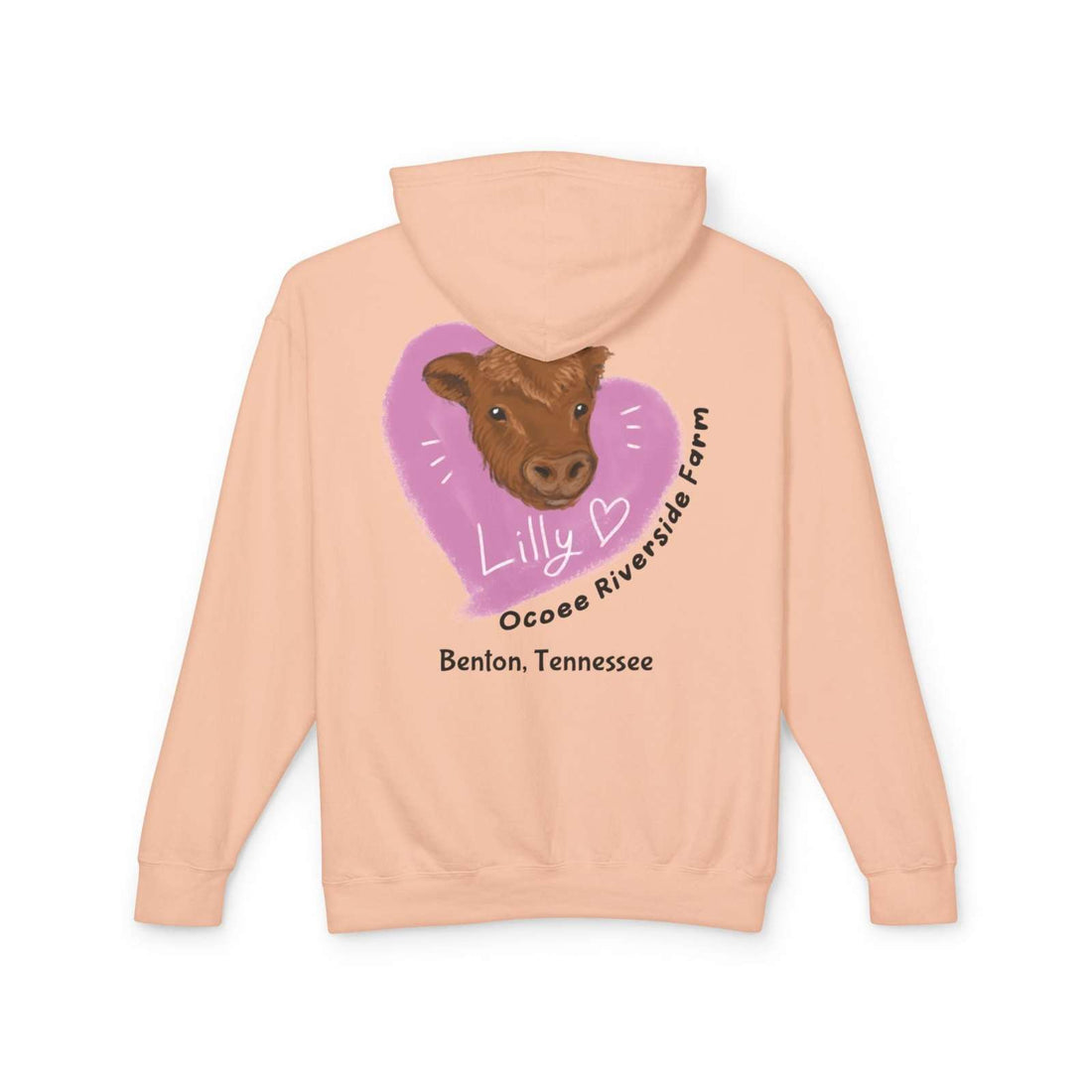 Unisex lightweight peach hoodie with cute cow graphic and "Lilly" text, made from soft cotton, perfect for casual wear and farm lovers