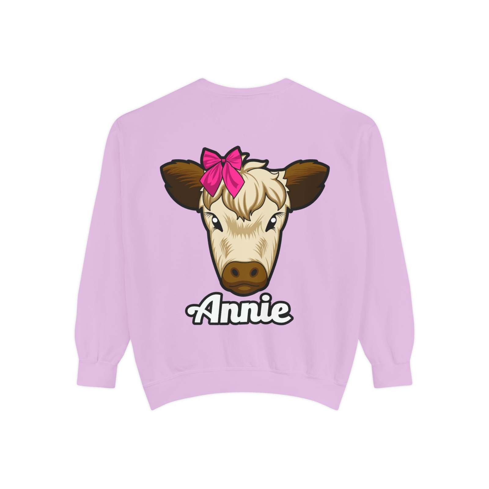 Cute farm animal sweatshirt featuring Annie the Cow with a red bow, perfect for countryside lovers.