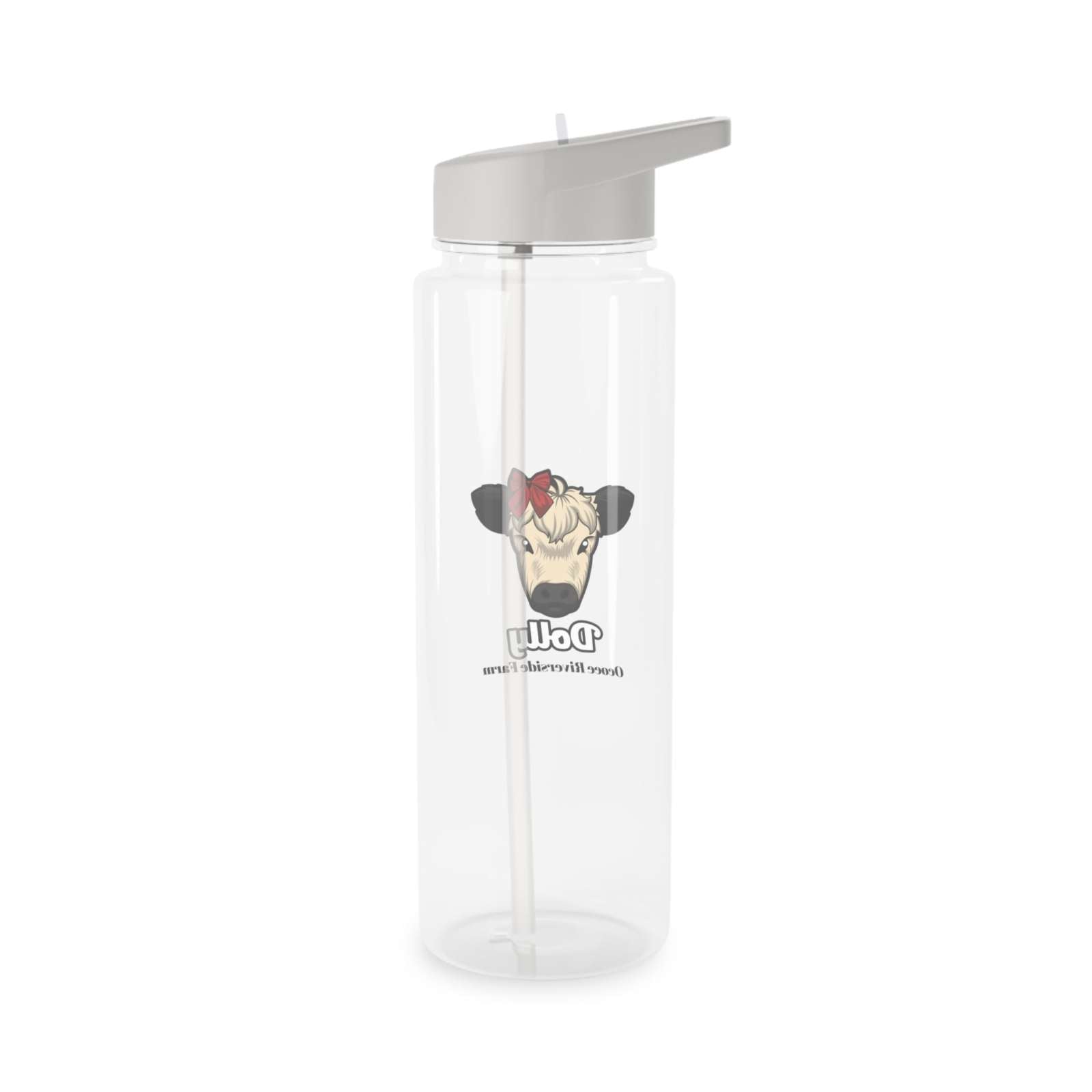 Clear water bottle with gray spill-resistant lid and foldable straw featuring a cute cow face graphic with red bow.