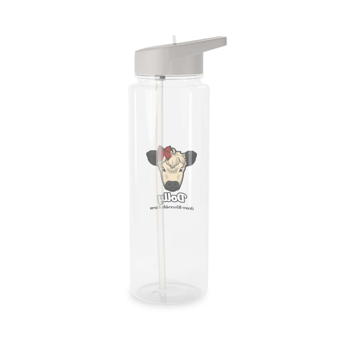 Clear water bottle with gray spill-resistant lid and foldable straw featuring a cute cow face graphic with red bow.