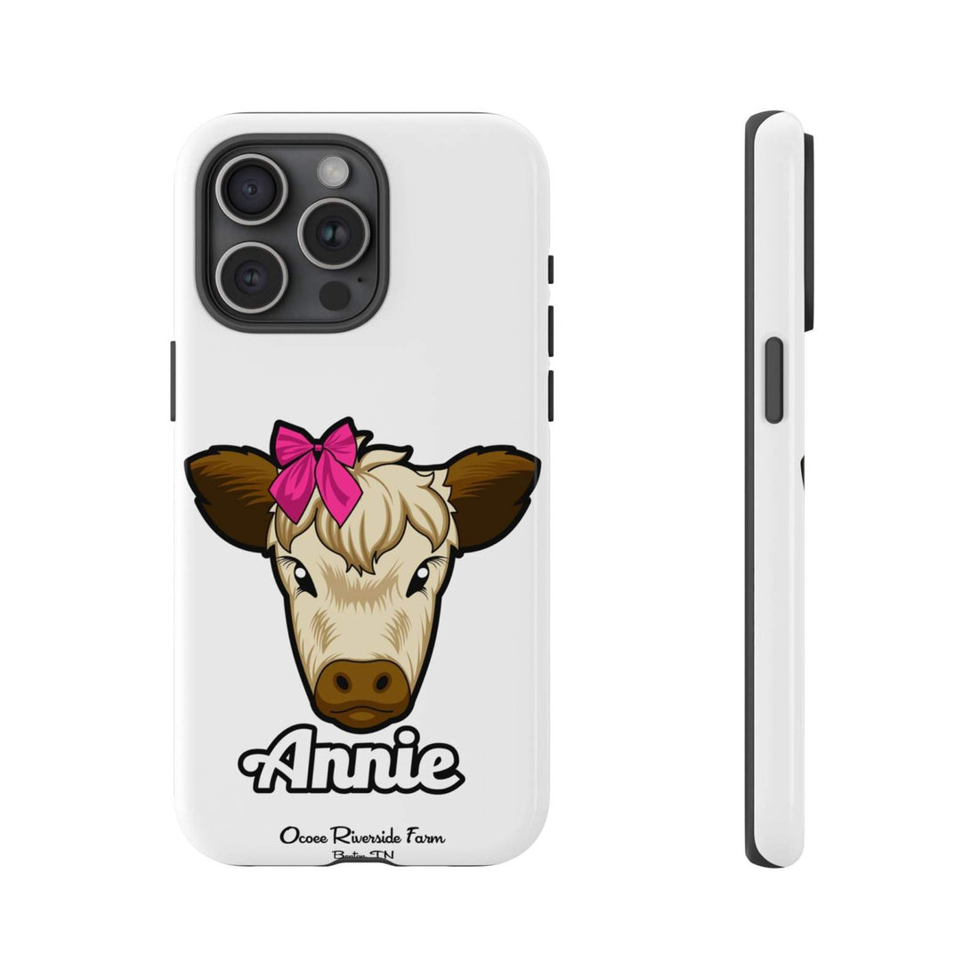 Cute cow phone case with a red bow design, ideal farm animal lover gift, durable and stylish.