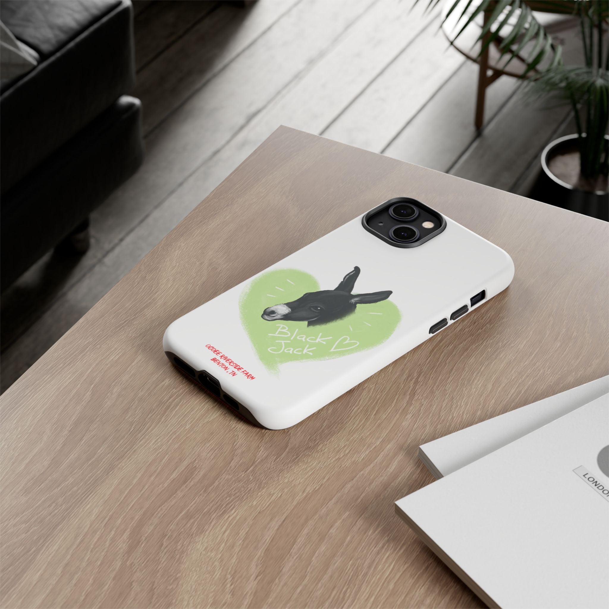 A donkey featuring the words "Black Jack" prominently displayed on its side at Ocoee Riverside Farm Phone Case