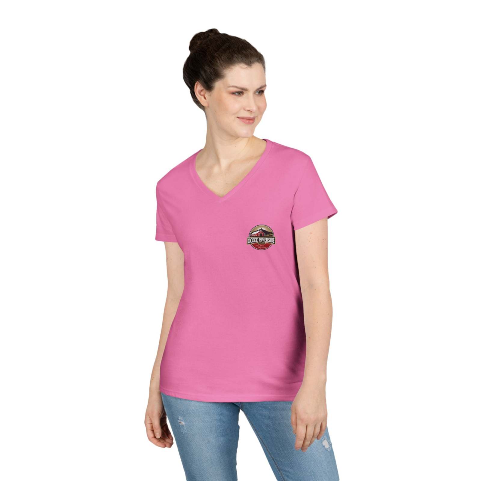 Woman wearing pink Rustic Farm Style V-Neck cotton t-shirt with small logo on chest and casual jeans