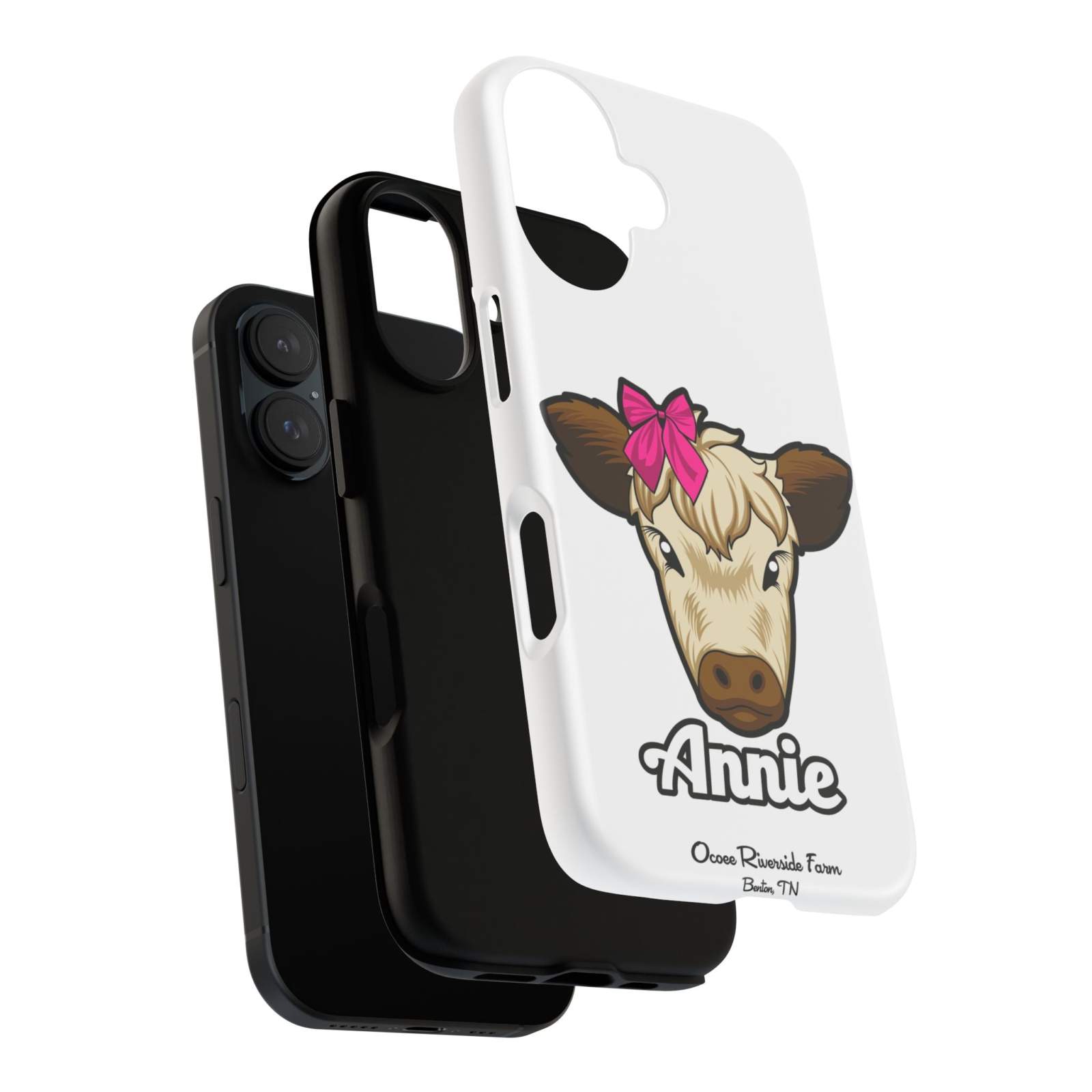 Cute cow phone case with red bow, perfect for farm animal lovers, Ocoee Riverside design.