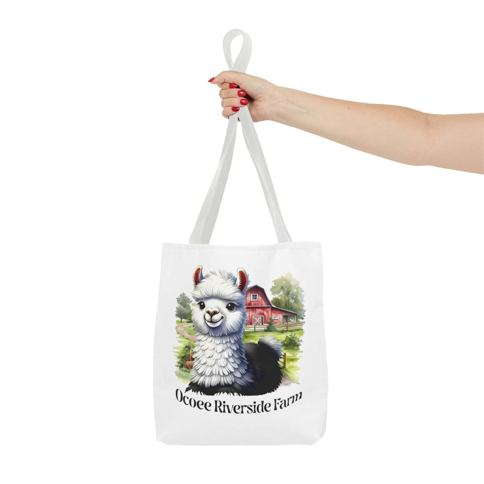 Eco-friendly Alpaca Tote Bag with Ocoee Riverside Farm design, durable polyester and reinforced handles for shopping and everyday use.