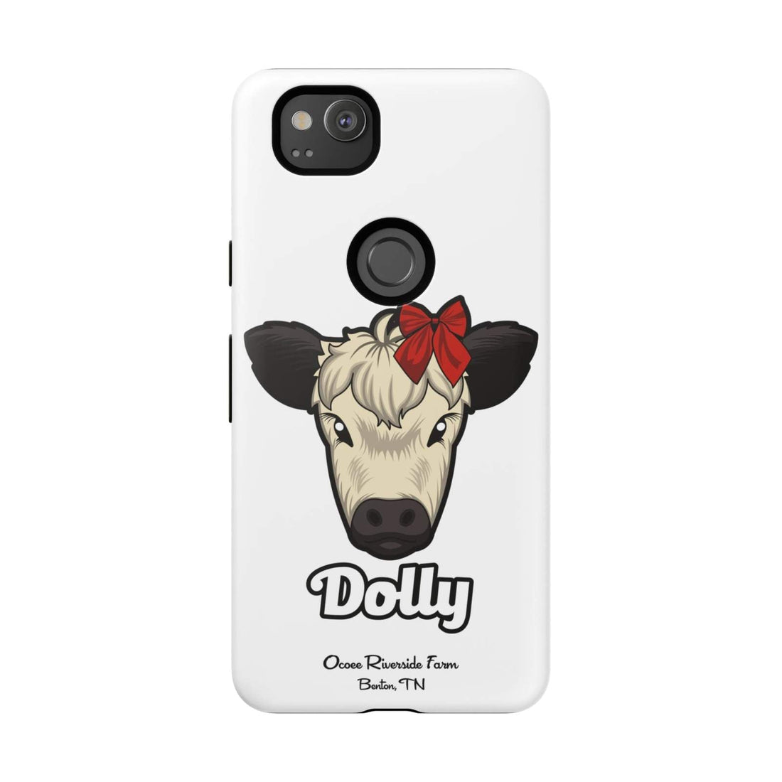Farmhouse Chic Phone Case with Dolly the cow wearing a red bow and farmhouse design