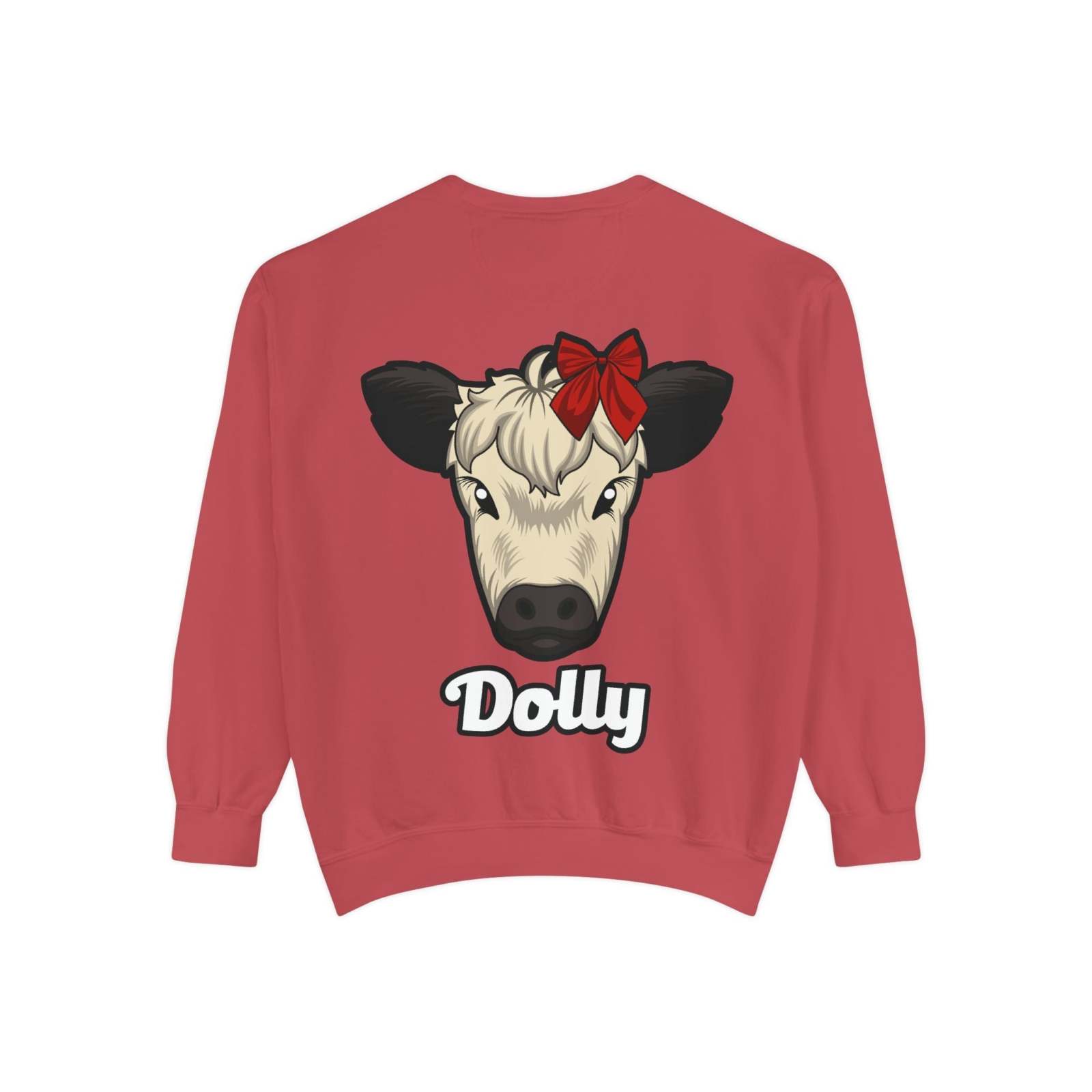 Red Farmhouse Cow Sweatshirt featuring Dolly the cow with a red bow, soft and comfy rustic country style