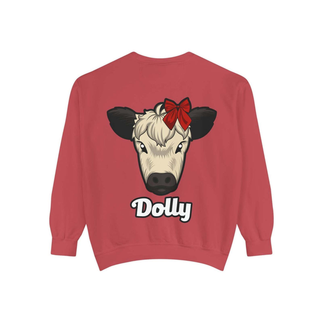 Red Farmhouse Cow Sweatshirt featuring Dolly the cow with a red bow, soft and comfy rustic country style