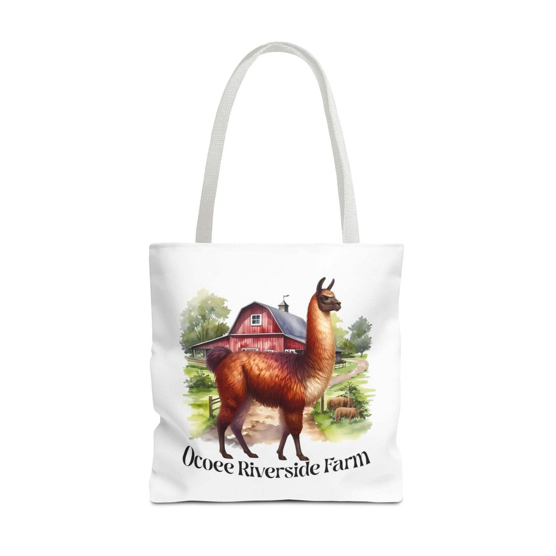 Eco-friendly Alpaca Tote Bag with Ocoee Riverside Farm design, durable polyester, reinforced handles, and boxed corners for extra storage.