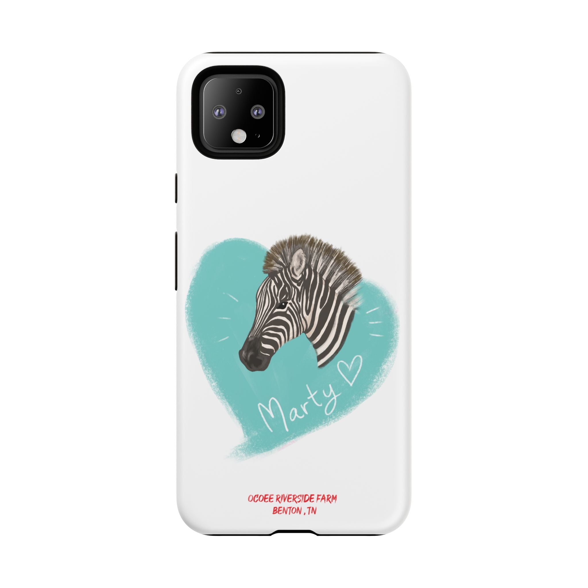 A zebra adorned with the word "Marty" creatively integrated into its stripes at Ocoee Riverside Farm Phone Case