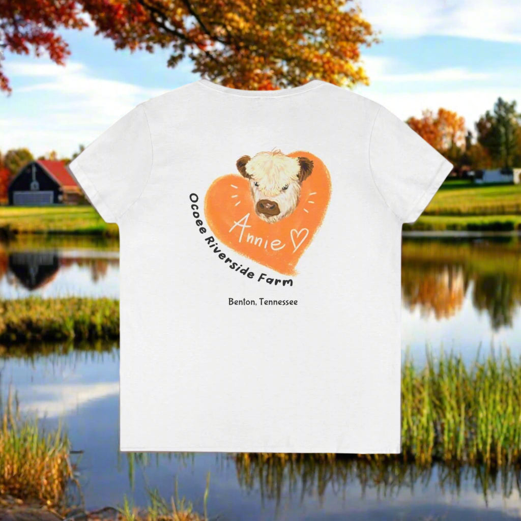 White Tennessee Farm Life V-Neck women's t-shirt with spud heart design and farm text on the back