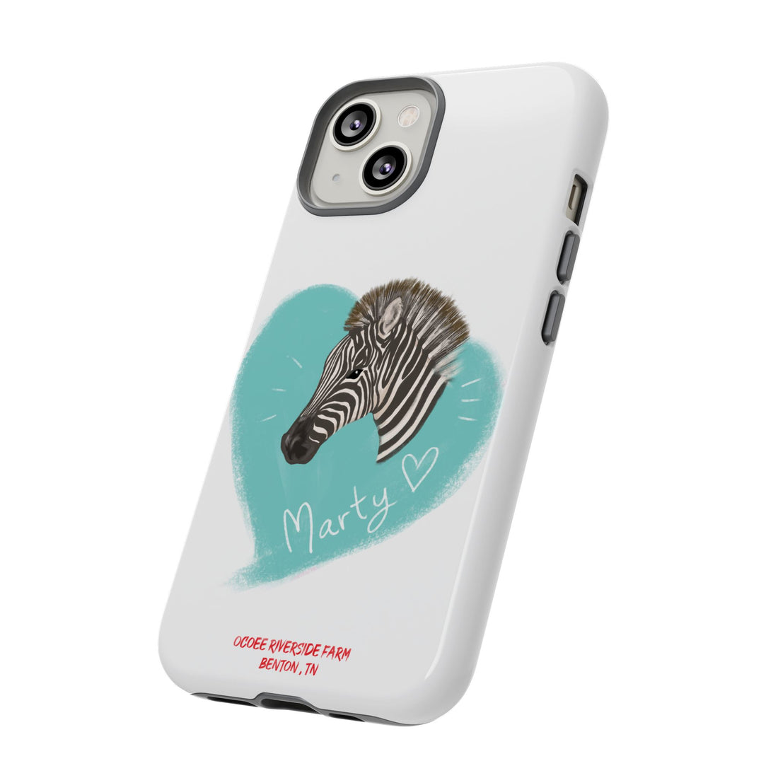 A zebra adorned with the word "Marty" creatively integrated into its stripes at Ocoee Riverside Farm Phone Case