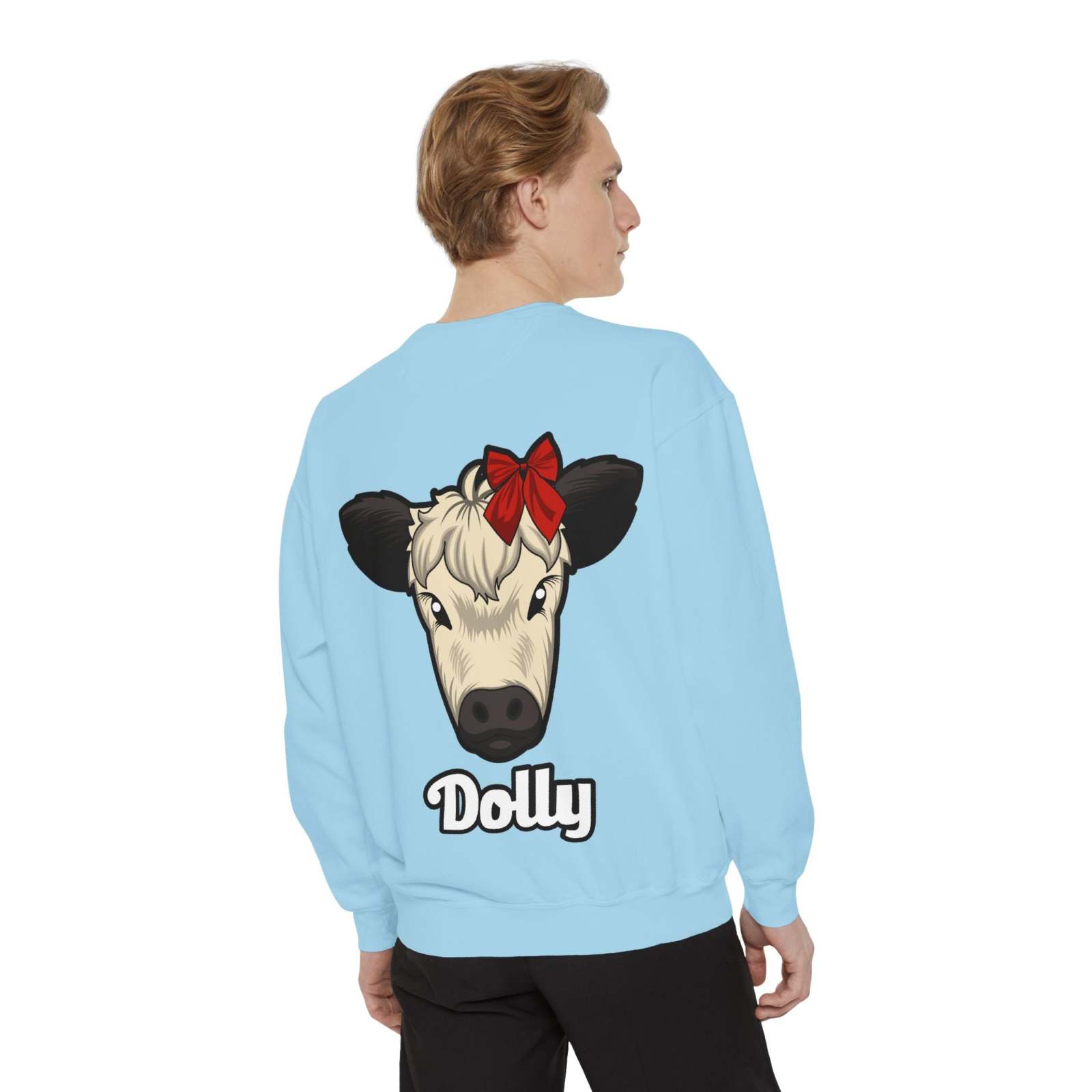 Farmhouse Cow Sweatshirt featuring Dolly the Cow with a red bow on the back, cozy and stylish.
