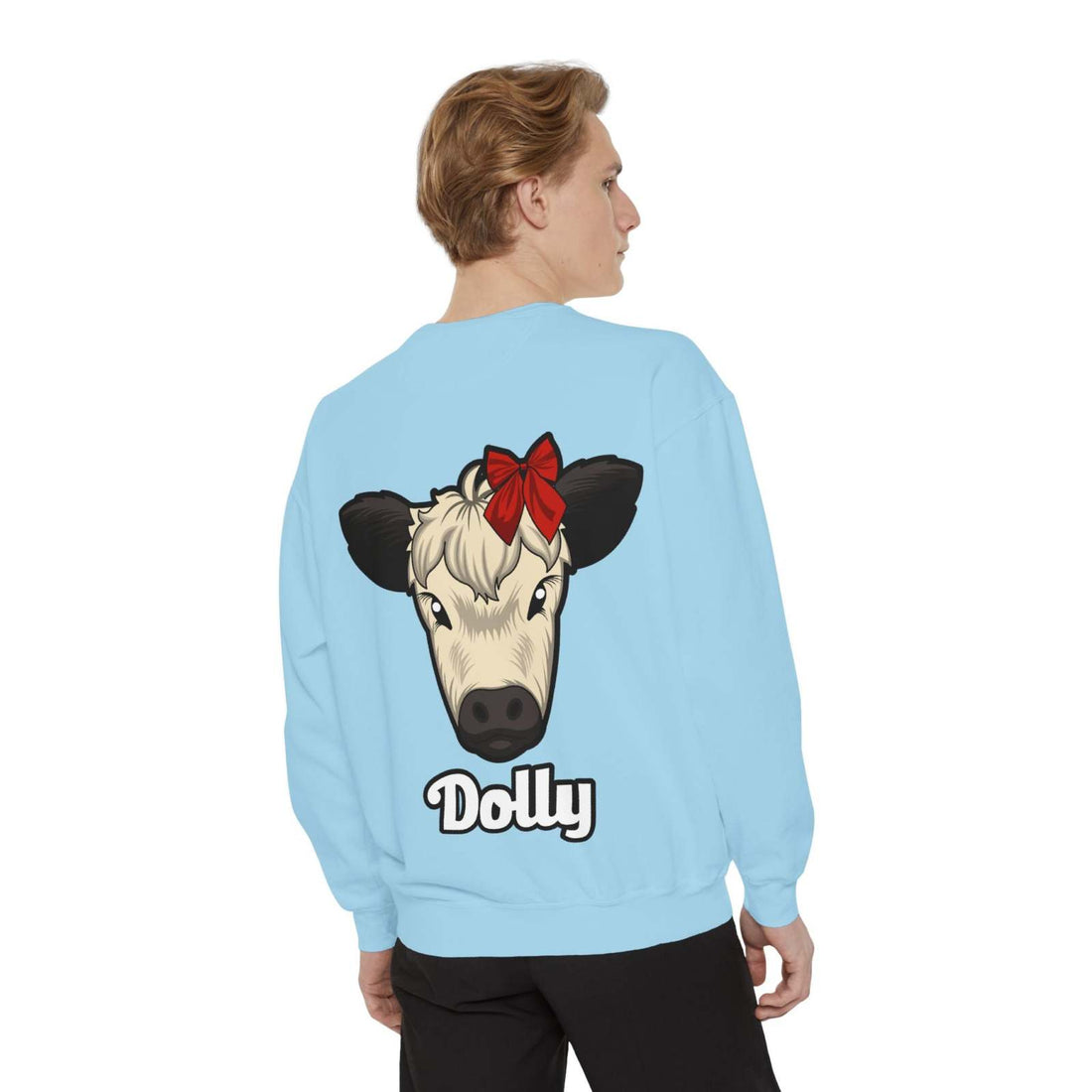 Farmhouse Cow Sweatshirt featuring Dolly the Cow with a red bow on the back, cozy and stylish.