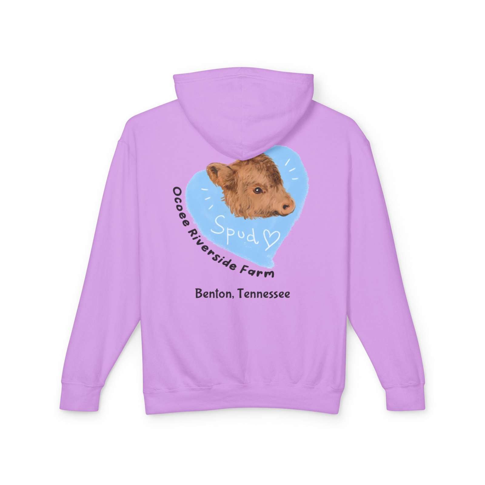 Lavender Cute Cow Lightweight Hoodie with cozy fit and farm animal graphic from Ocoee Riverside Farm