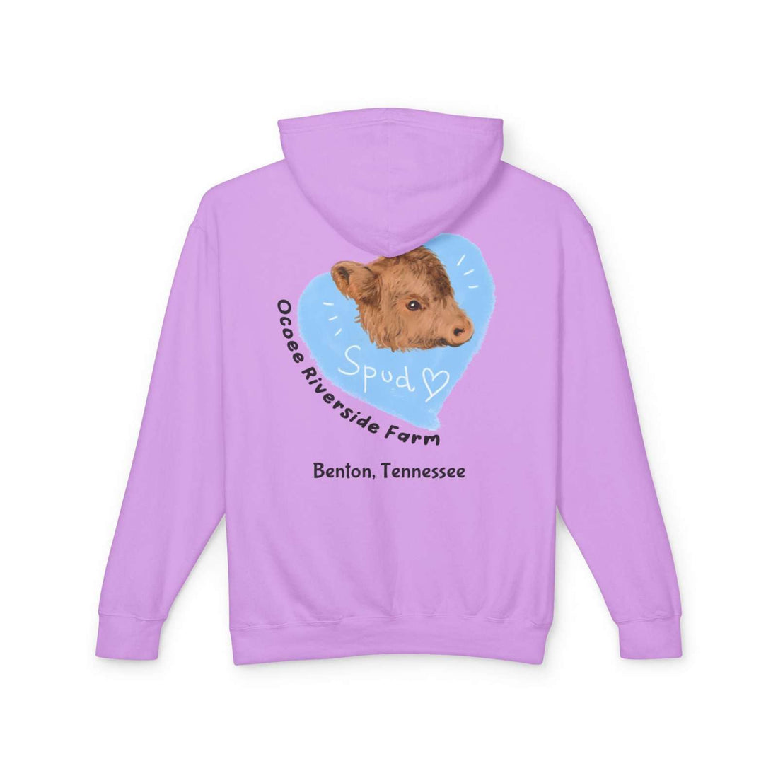 Lavender Cute Cow Lightweight Hoodie with cozy fit and farm animal graphic from Ocoee Riverside Farm