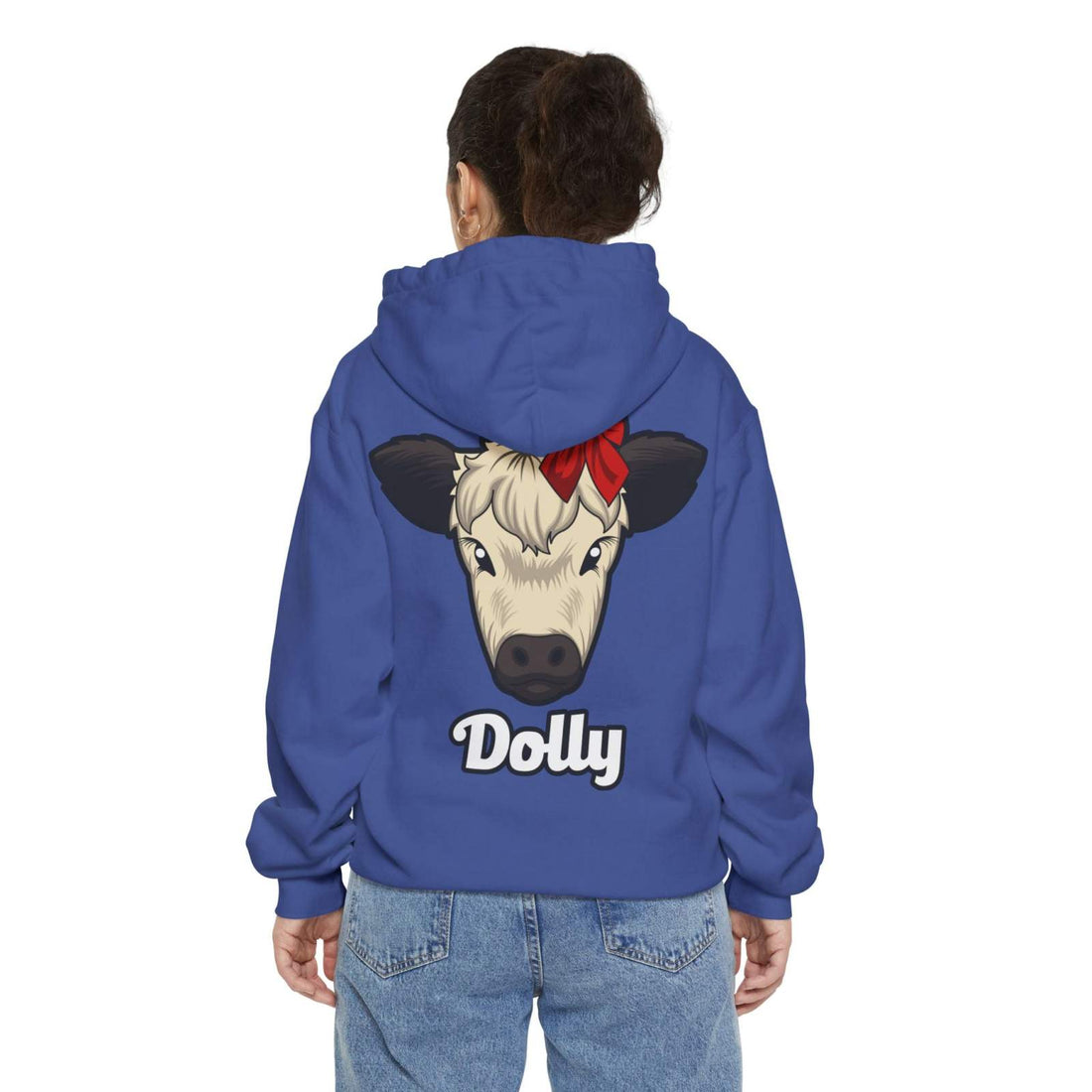 Blue hoodie featuring Dolly the cow graphic with a red bow.