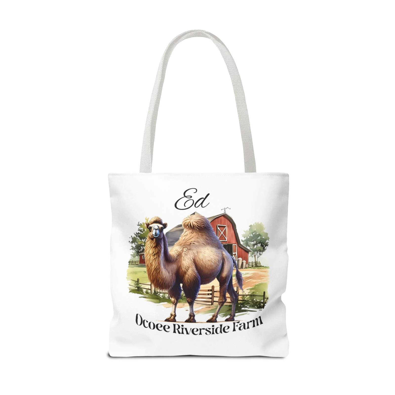 Eco-friendly Ed Camel Tote Bag with Ocoee Riverside Farm camel and barn design, durable and spacious shopping tote