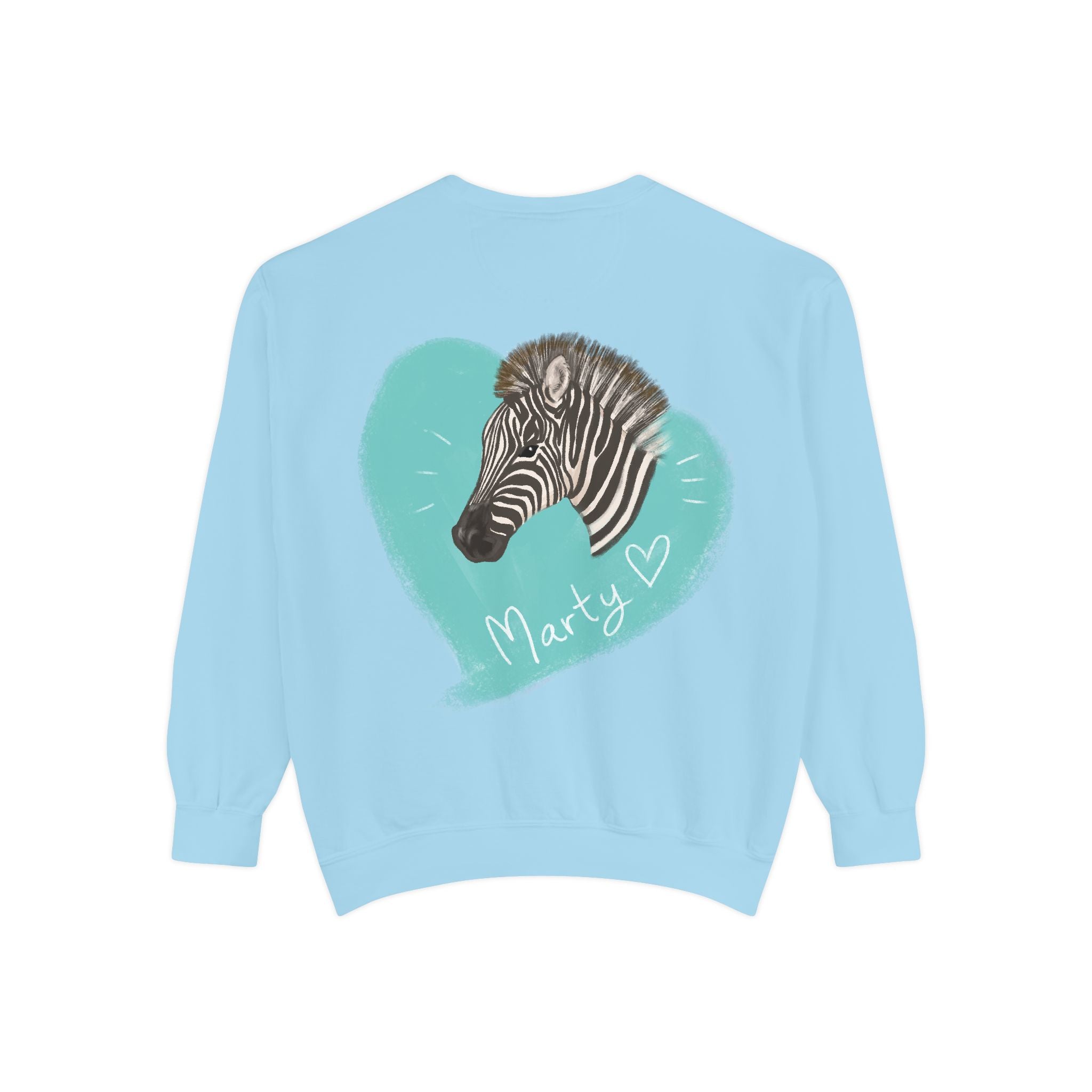 A zebra adorned with the word "Marty" creatively integrated into its stripes at Ocoee Riverside Farm Sweatshirt