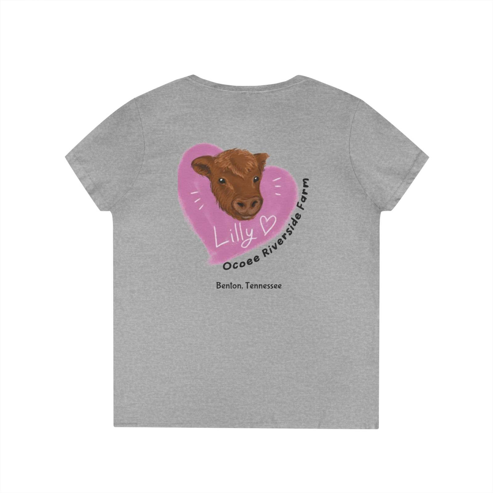 Gray Spud Heart Women’s V-Neck Tee with cow graphic and heart design on the back, featuring "Lilly" and Tennessee farm text