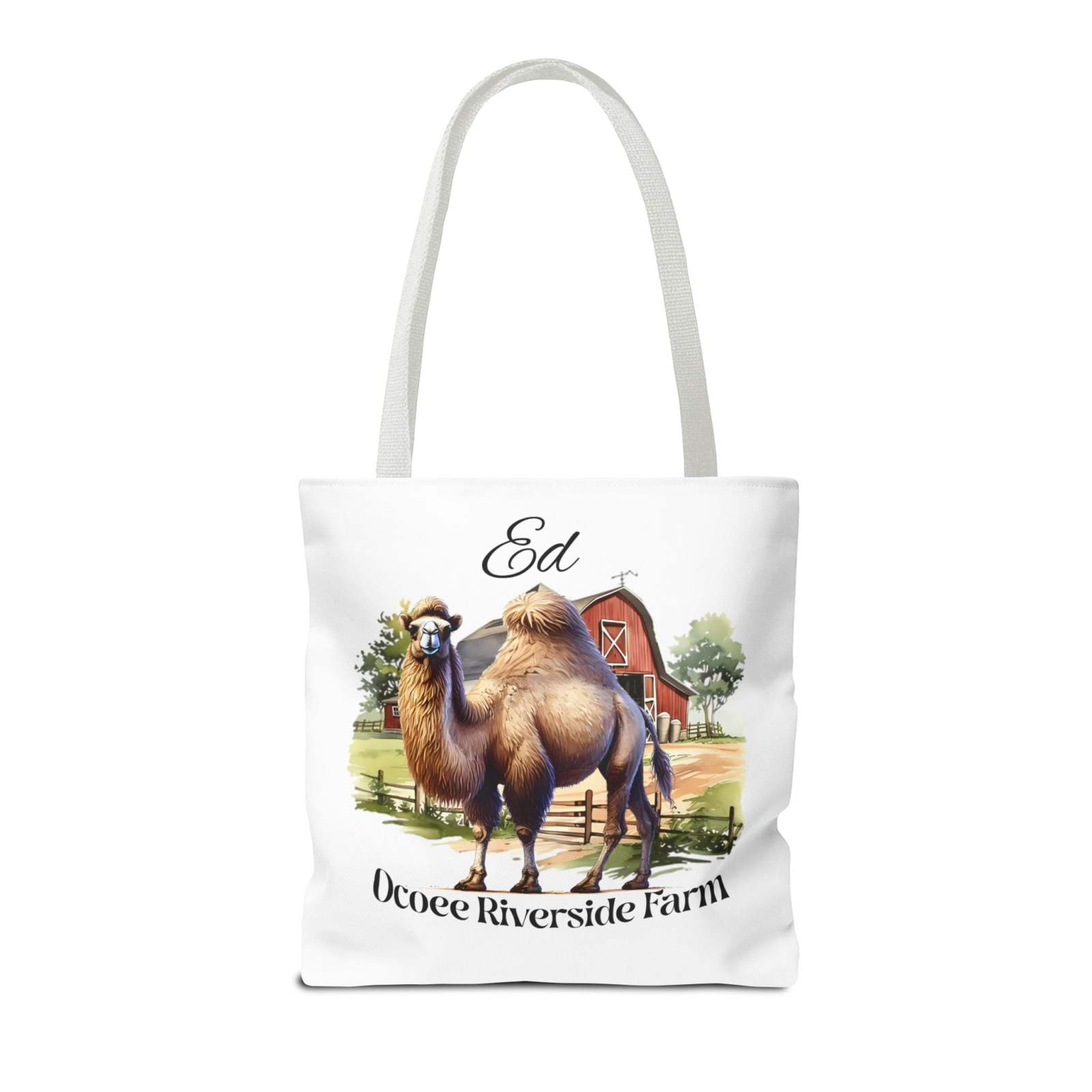 White eco-friendly tote bag featuring a camel illustration and Ocoee Riverside Farm text