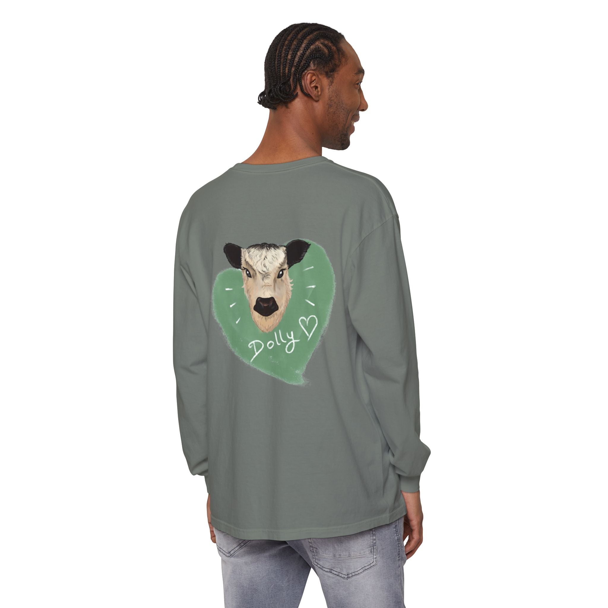 Unisex Garment-Dyed Long Sleeve T-Shirt with Cow Design - Perfect for Animal Lovers
