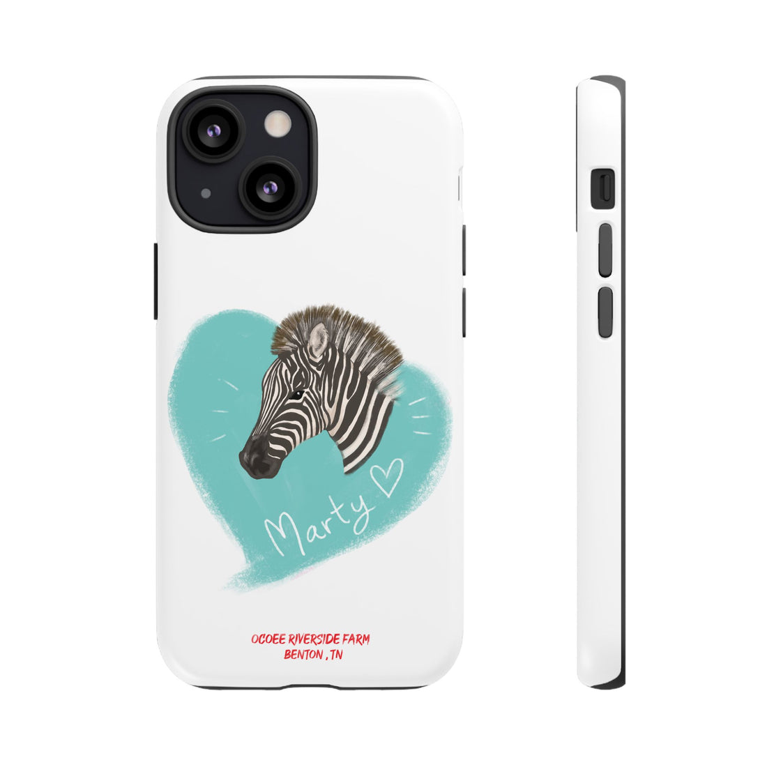 A zebra adorned with the word "Marty" creatively integrated into its stripes at Ocoee Riverside Farm Phone Case