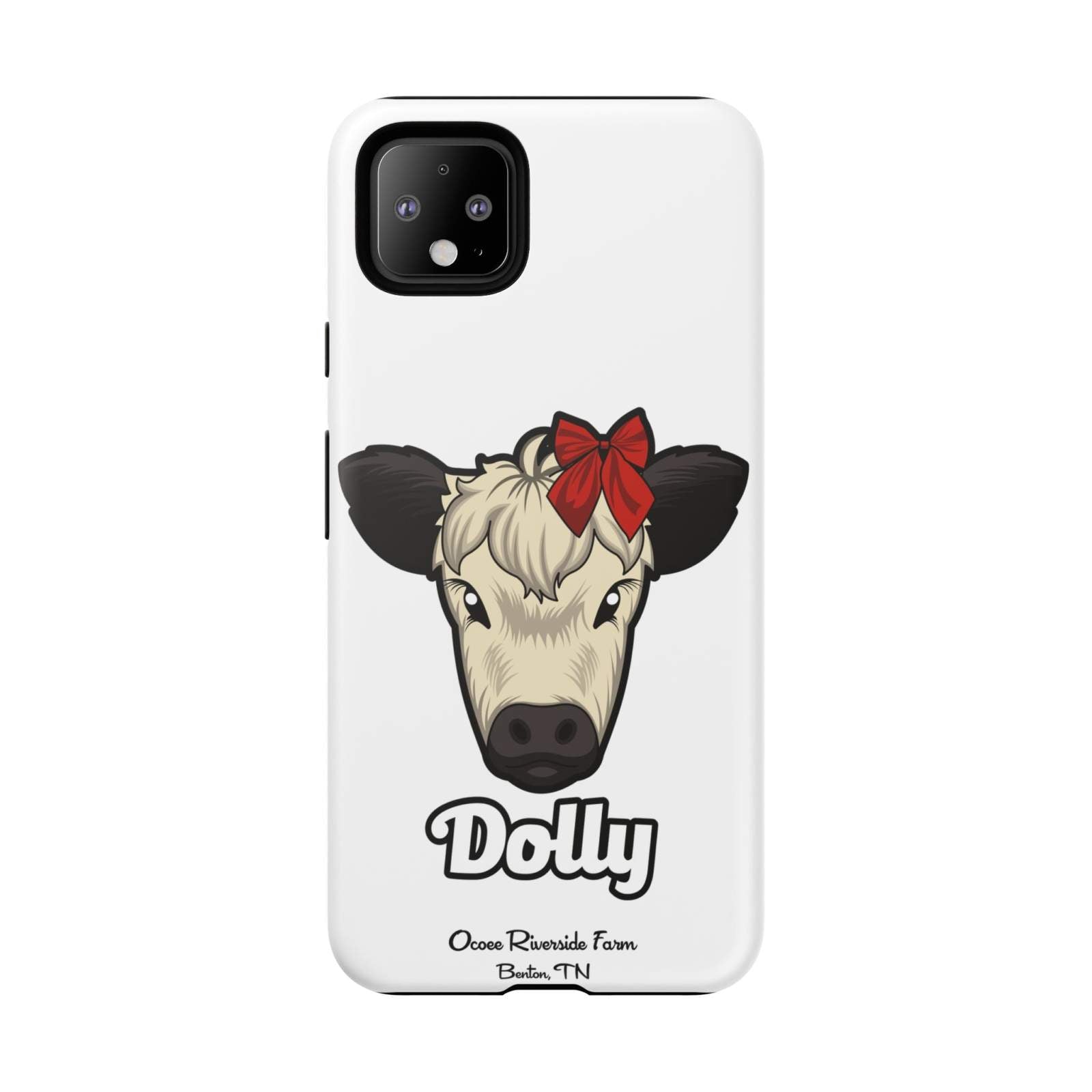 Farmhouse Chic Phone Case featuring Dolly the cow with a red bow, durable and shock-absorbent design for rustic style and protection