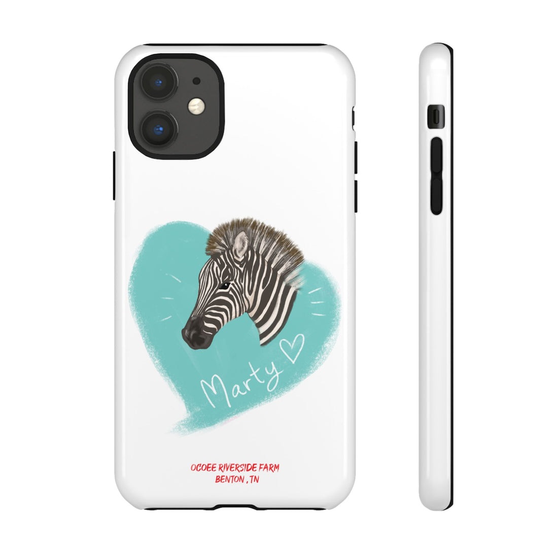 A zebra adorned with the word "Marty" creatively integrated into its stripes at Ocoee Riverside Farm Phone Case