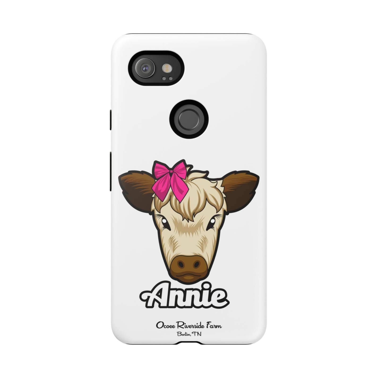 Cute cow phone case with red bow, ideal farm animal lover gift.