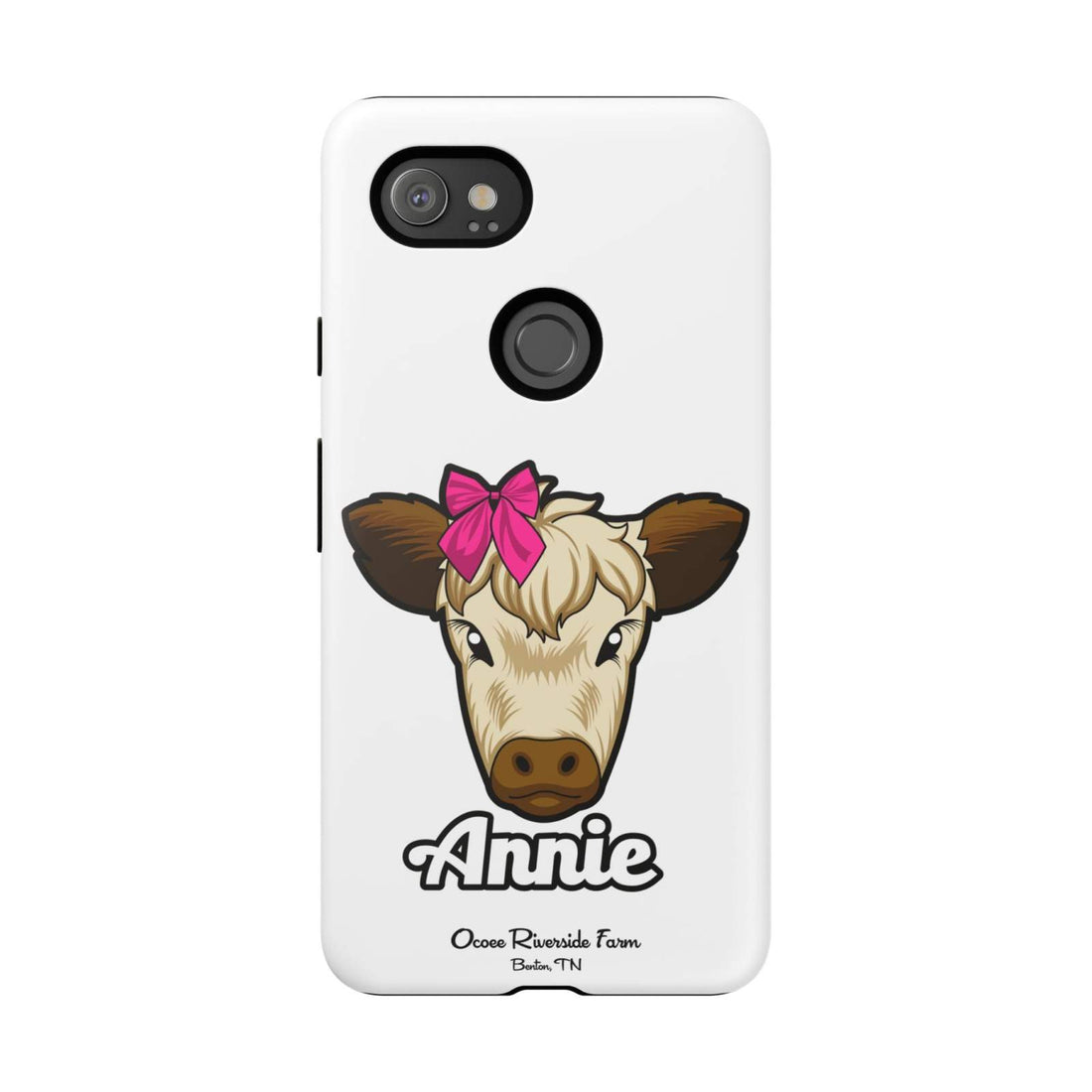 Cute cow phone case with red bow, ideal farm animal lover gift.