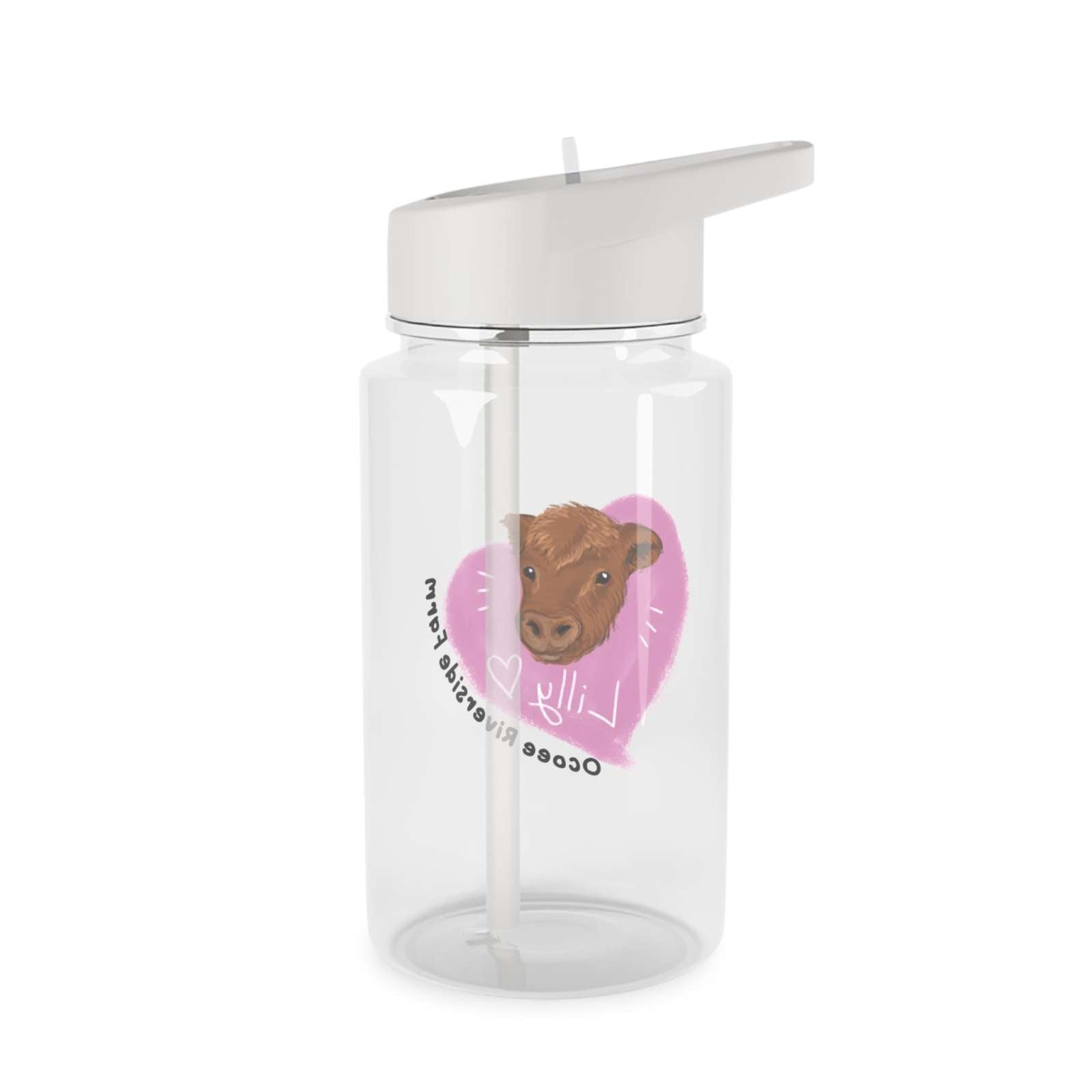 Clear Cow Farm Water Bottle with white spill-resistant lid and straw, featuring a cute cow face and pink heart design
