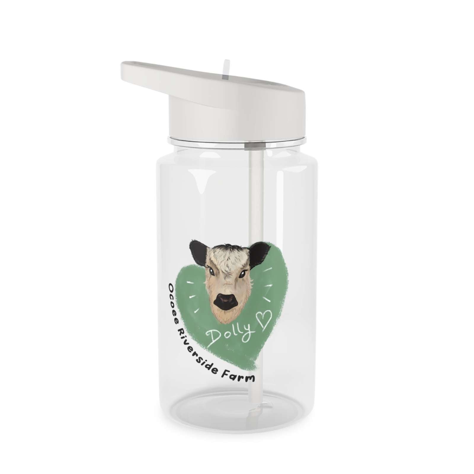 Clear farm-themed water bottle with cow illustration, spill-resistant lid, and straw, made from BPA-free Tritan plastic