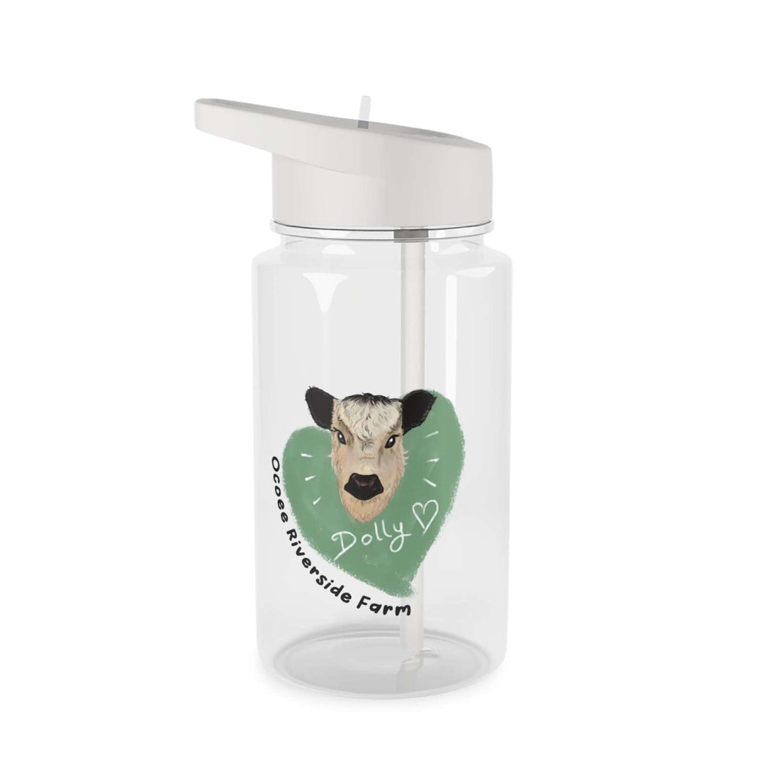 Clear farm-themed water bottle with cow illustration, spill-resistant lid, and straw, made from BPA-free Tritan plastic