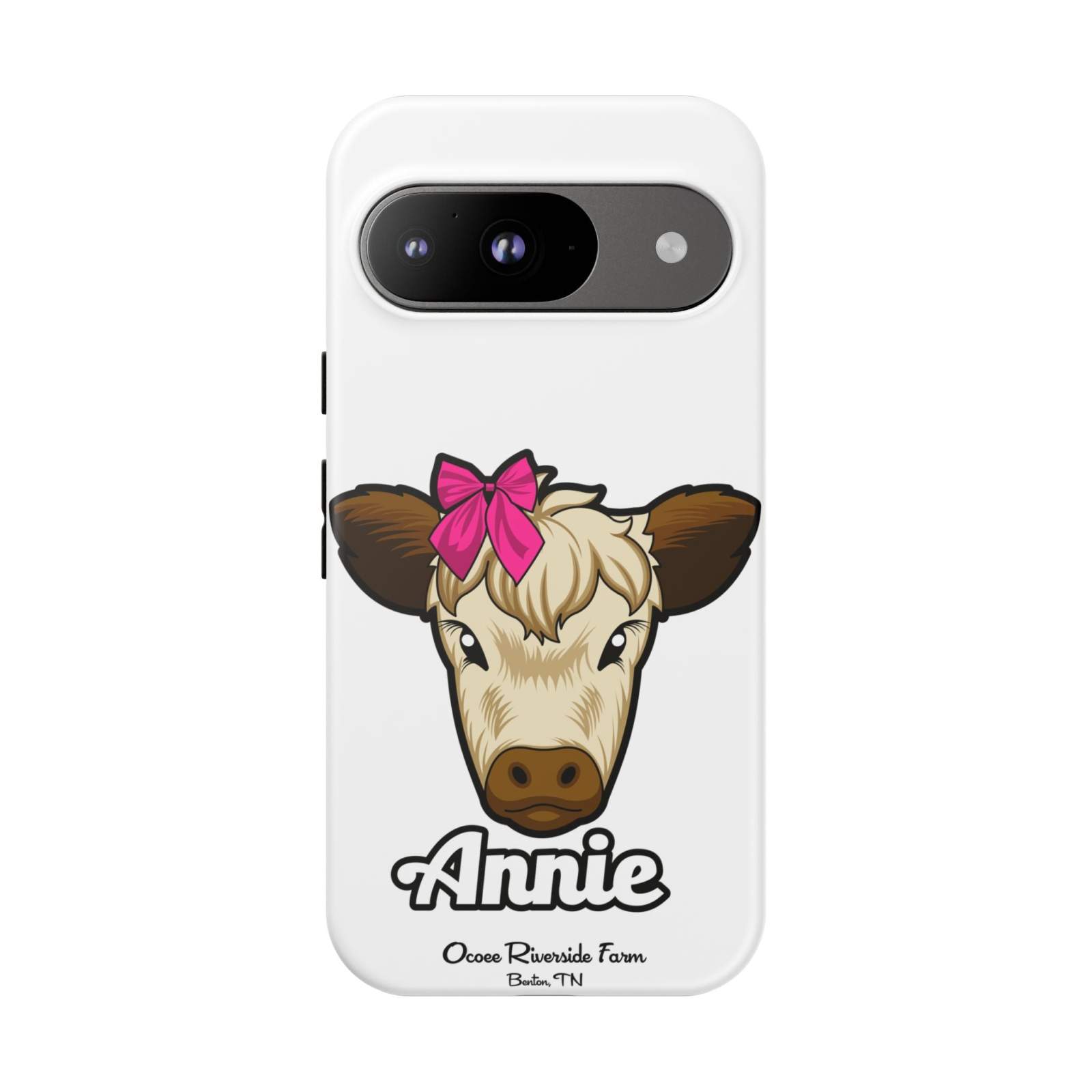 Cute farmhouse cow phone case with red bow, perfect farm animal lover gift.