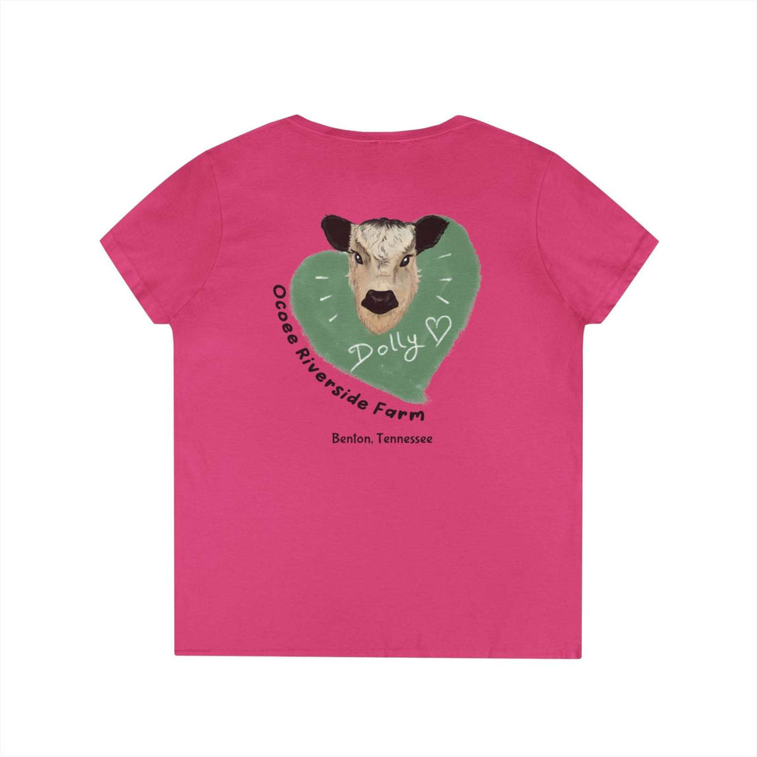 Back view of pink Rustic Farm Style V-Neck women's t-shirt featuring a cow graphic and "Ocoee Riverside Farm, Benlon, Tennessee" text