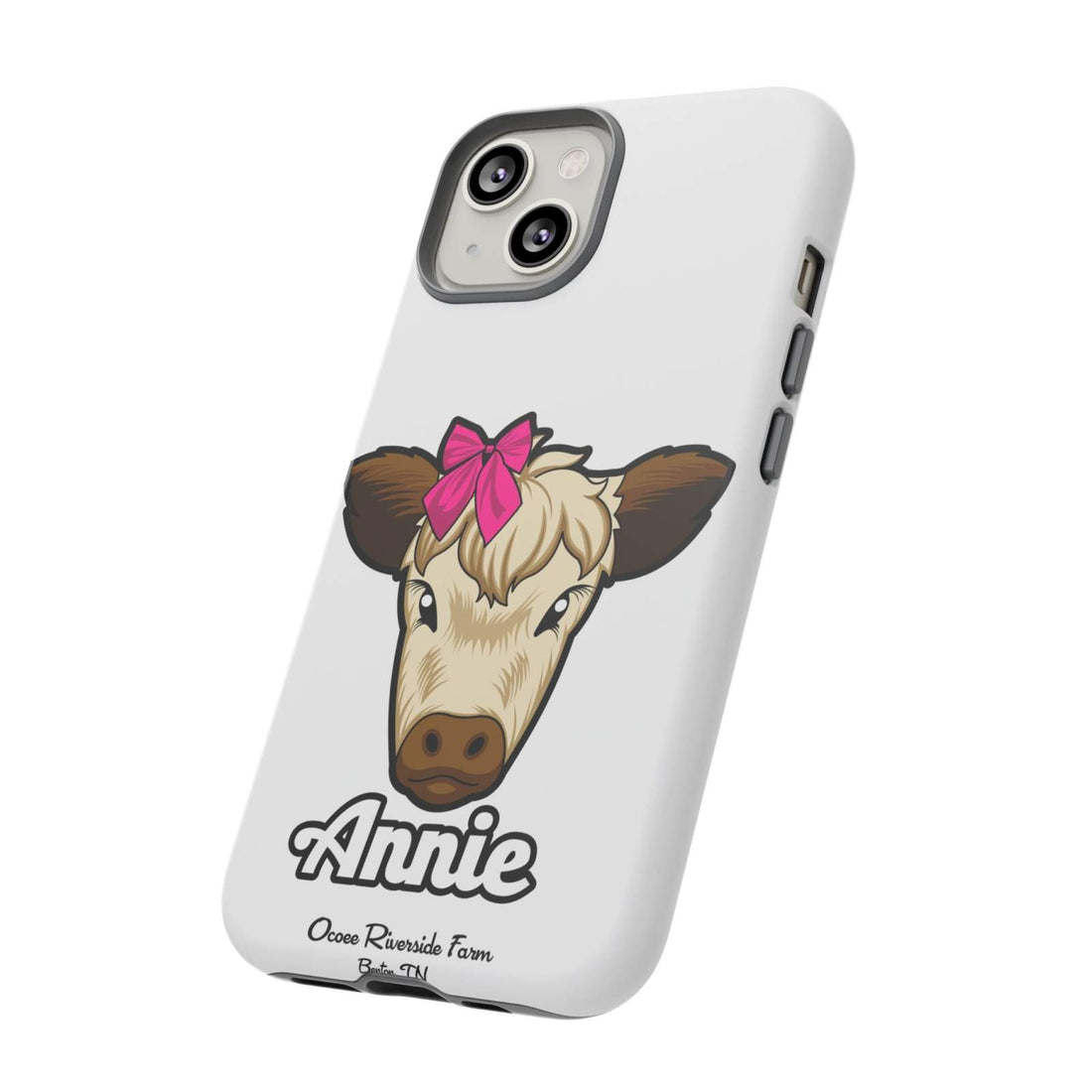 Farm animal lover gift - Annie the Cow phone case with cute farmhouse design and red bow.