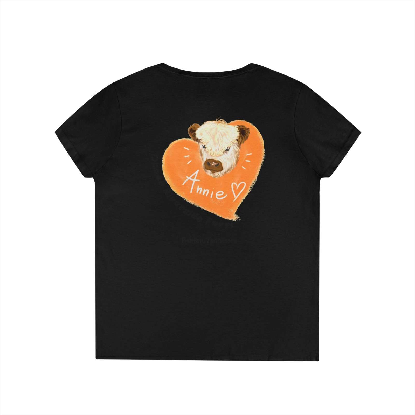 Black Tennessee Farm Life V-Neck for women with Spud Heart cow design and "Annie" text on the back