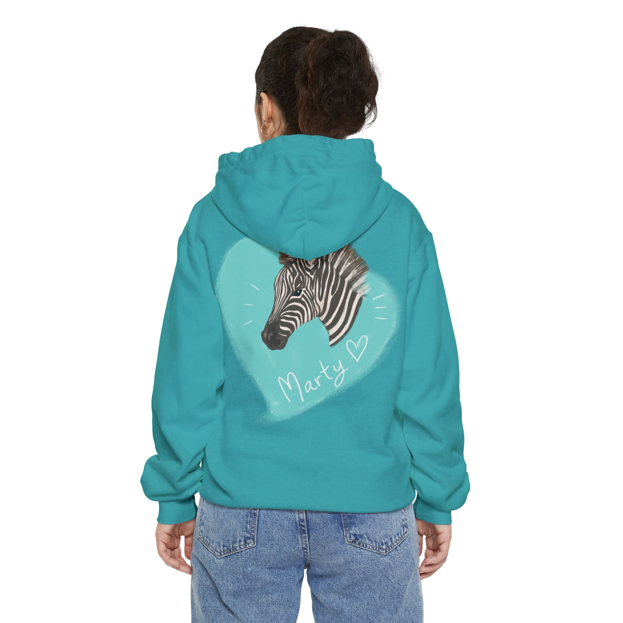 A zebra adorned with the word "Marty" creatively integrated into its stripes at Ocoee Riverside Farm Unisex Hoodie