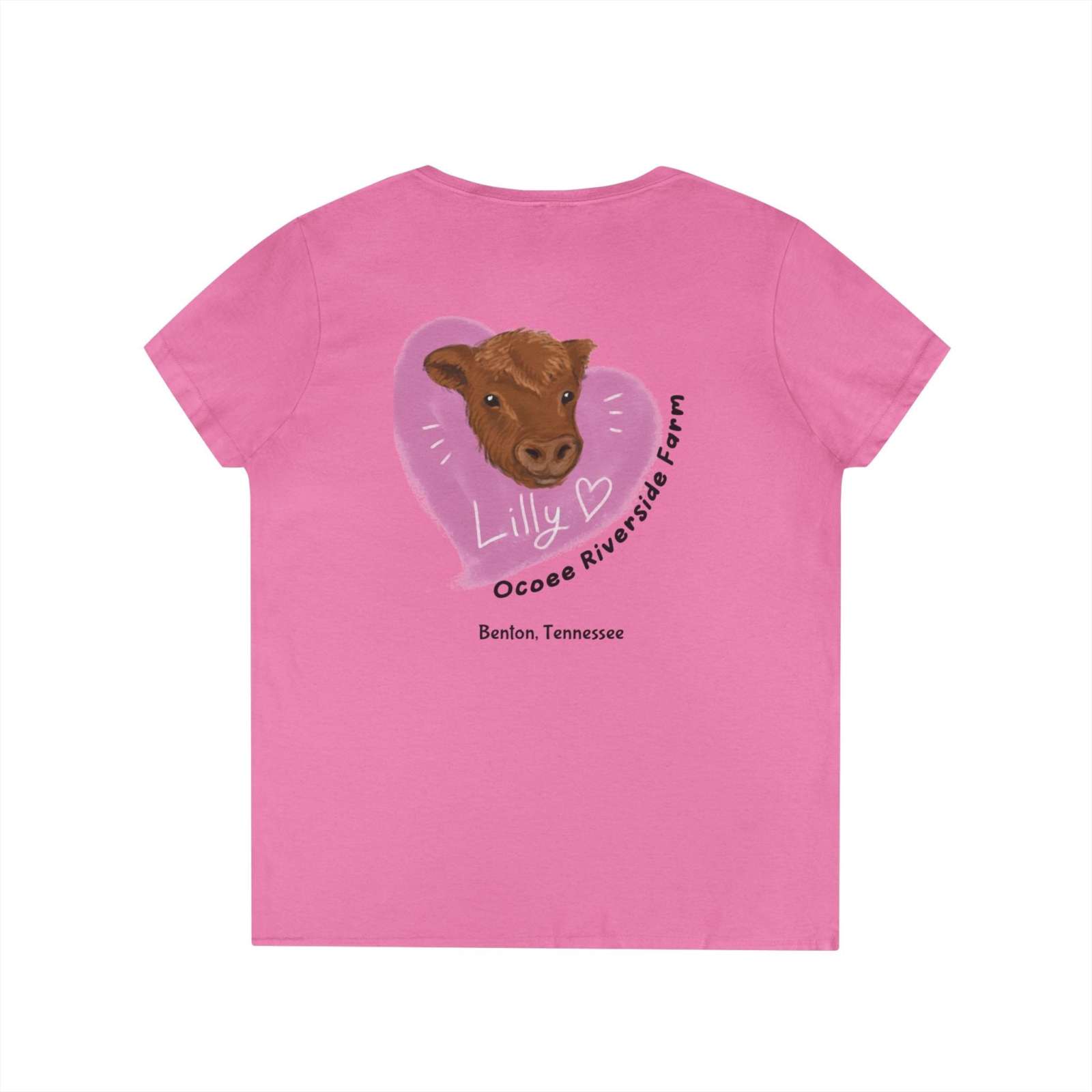 Pink Spud Heart Women’s V-Neck Tee with cow graphic and Ocoee Riverside Farm text on back