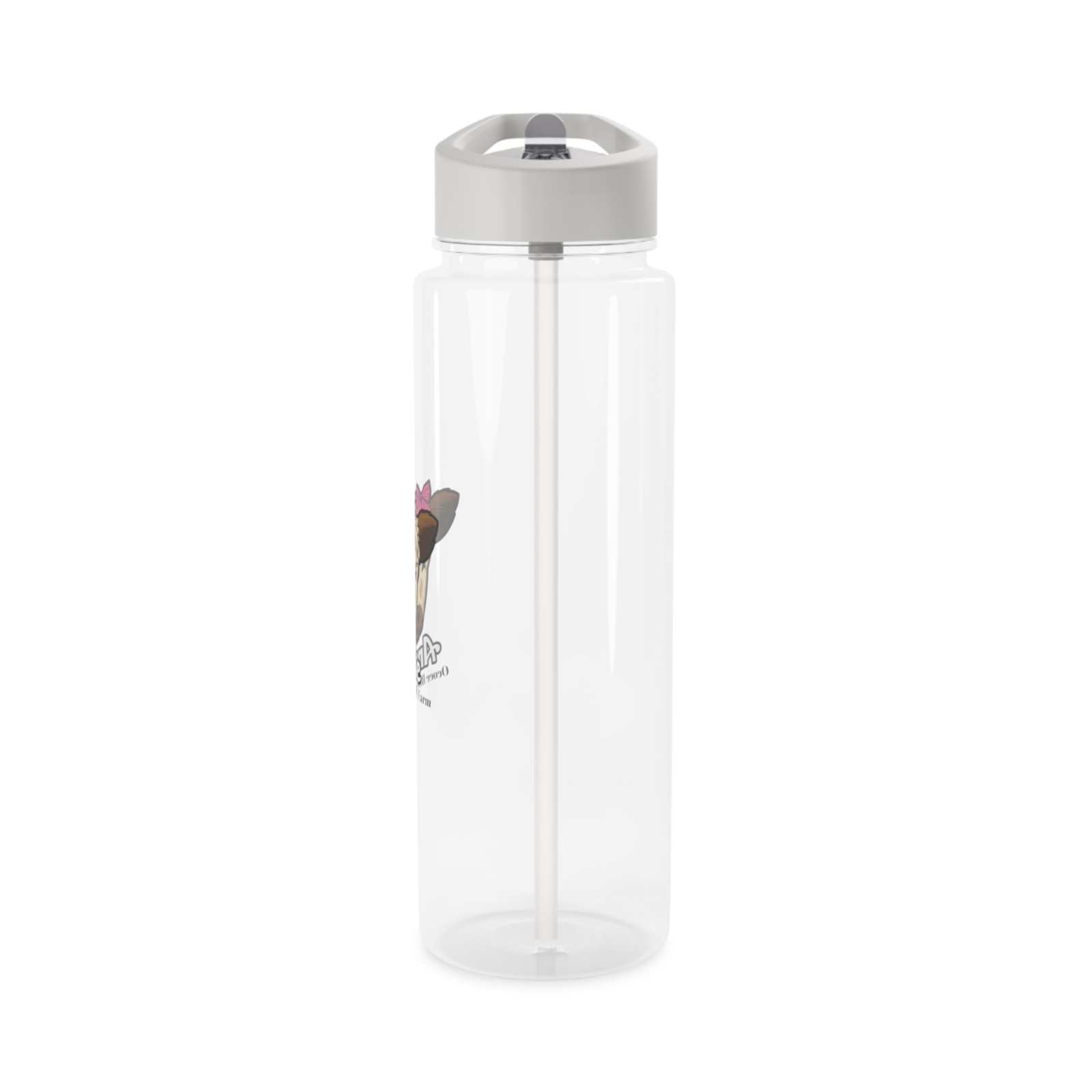 Transparent farm animal water bottle with beige spill-resistant lid and foldable straw, BPA-free and lightweight for on-the-go use.
