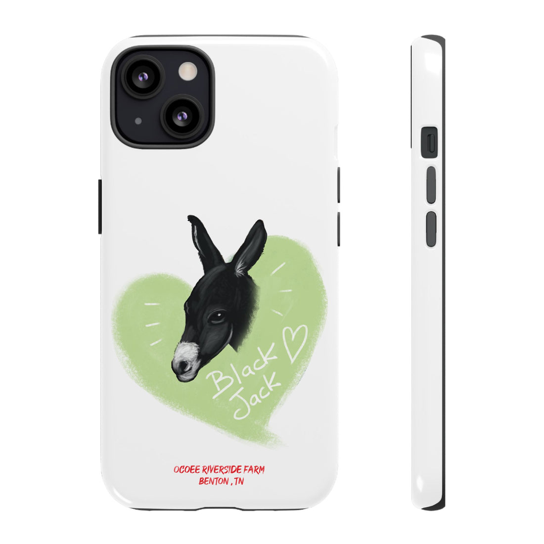A donkey featuring the words "Black Jack" prominently displayed on its side at Ocoee Riverside Farm Phone Case