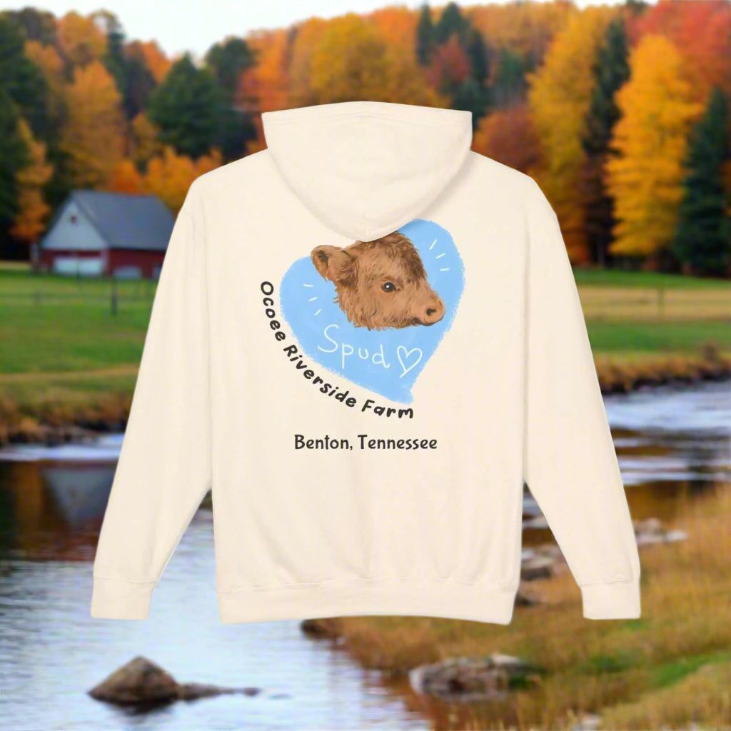 Back view of Cute Cow Lightweight Hoodie featuring a cow graphic with "Spud" and Ocoee Riverside Farm text on a cozy unisex sweatshirt
