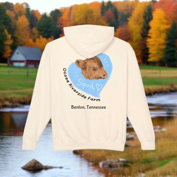 Back view of Cute Cow Lightweight Hoodie featuring a cow graphic with "Spud" and Ocoee Riverside Farm text on a cozy unisex sweatshirt