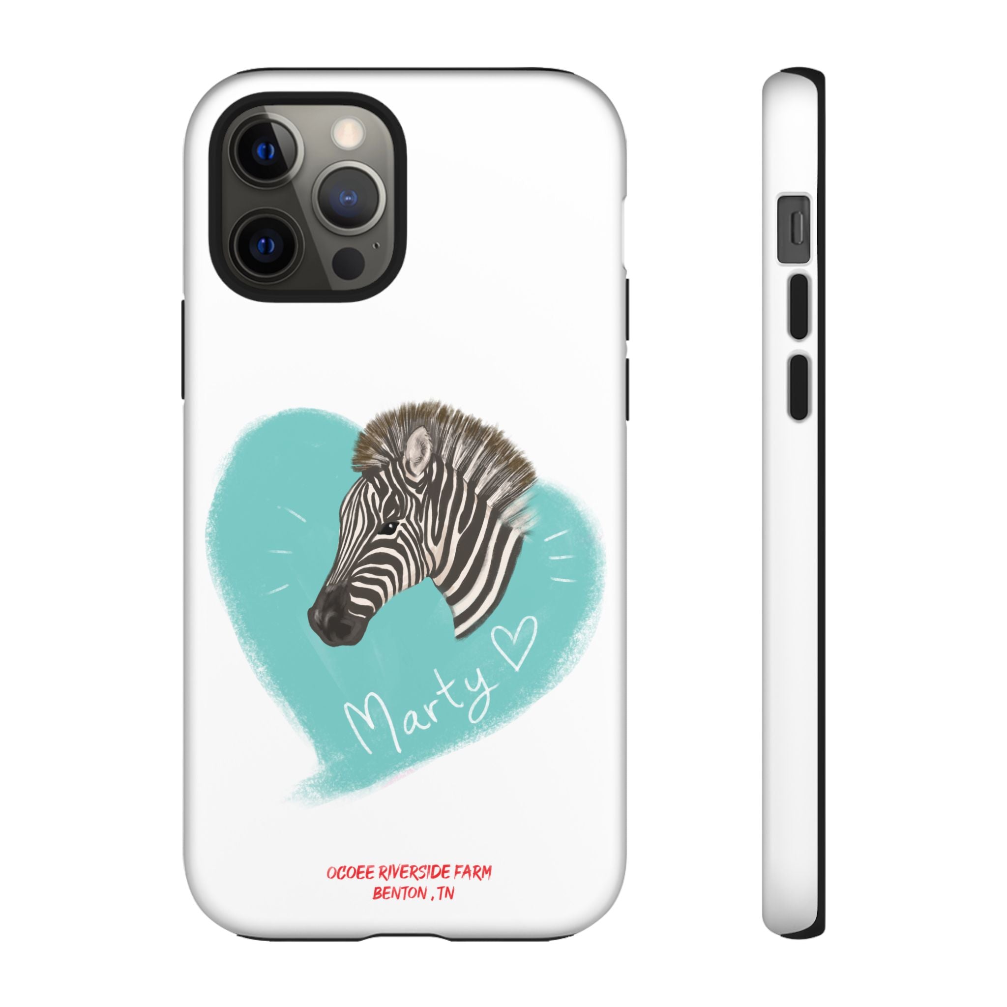 A zebra adorned with the word "Marty" creatively integrated into its stripes at Ocoee Riverside Farm Phone Case